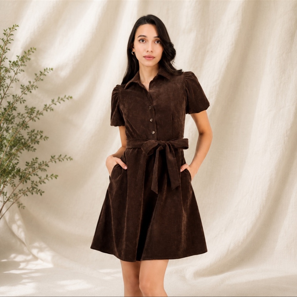 Robbie Bee Petite Brown Corduroy Shirt Dress Tie Waist NWOT